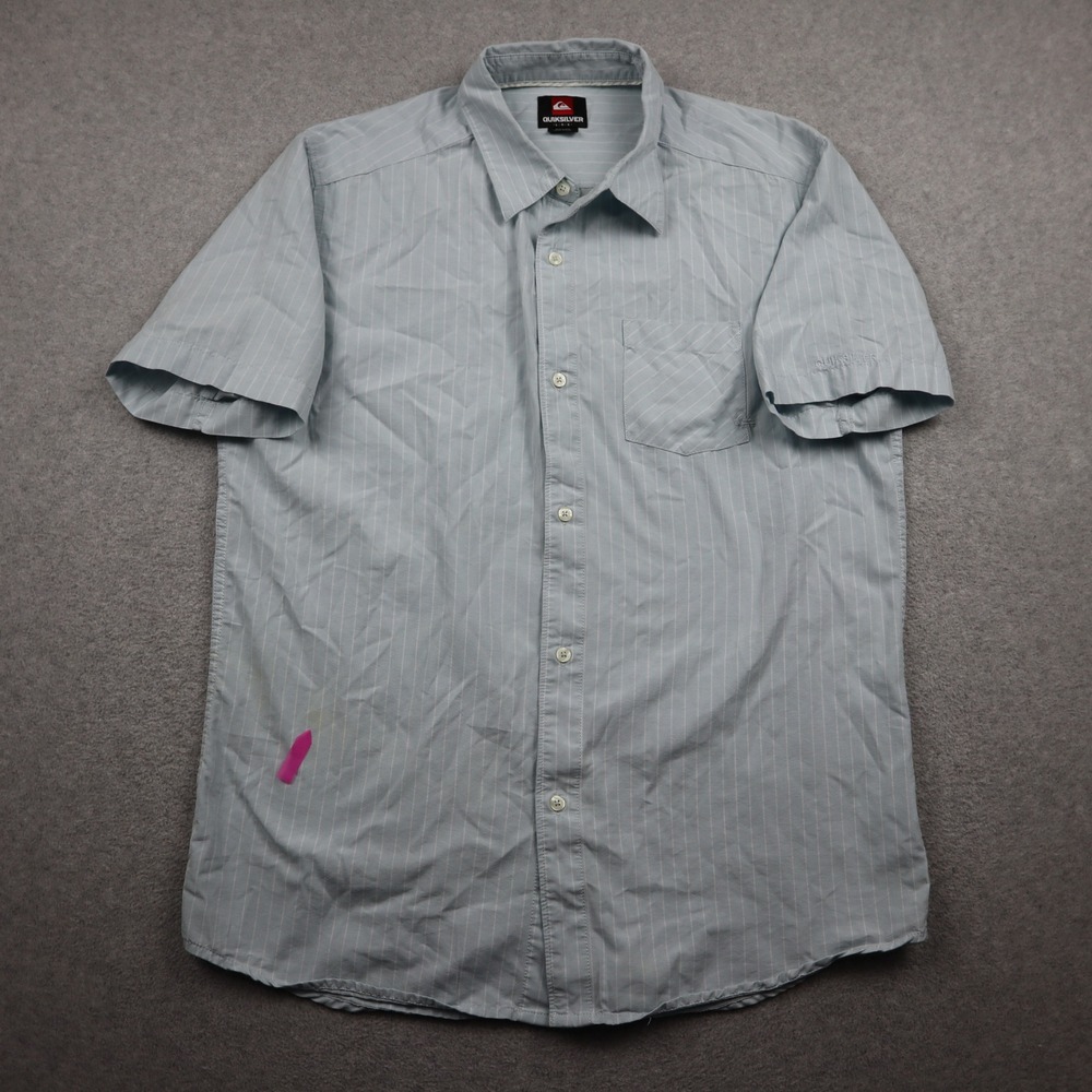 Quiksilver Button Up Shirt Mens Large Casual Light Blue Pinstripe Short Sleeve